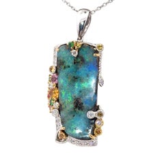 13.77 Carat Boulder Opal Multi-Colored Stones Diamond 18K Gold Pendant-Necklace