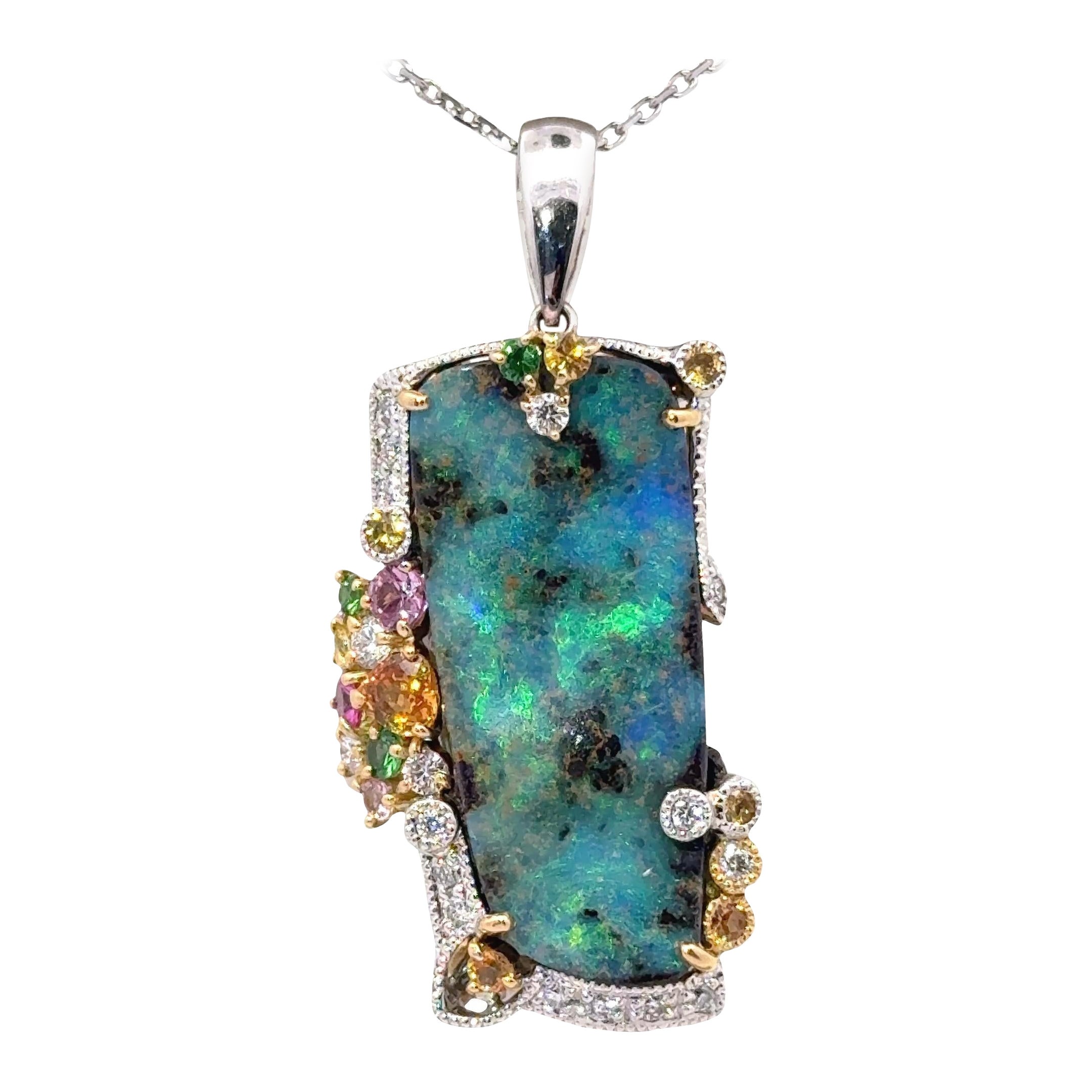 13.77 Carat Boulder Opal Multi-Colored Stones Diamond 18K Gold Pendant-Necklace