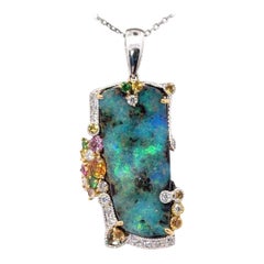 13.77 Carat Boulder Opal Multi-Colored Stones Diamond 18K Gold Pendant-Necklace
