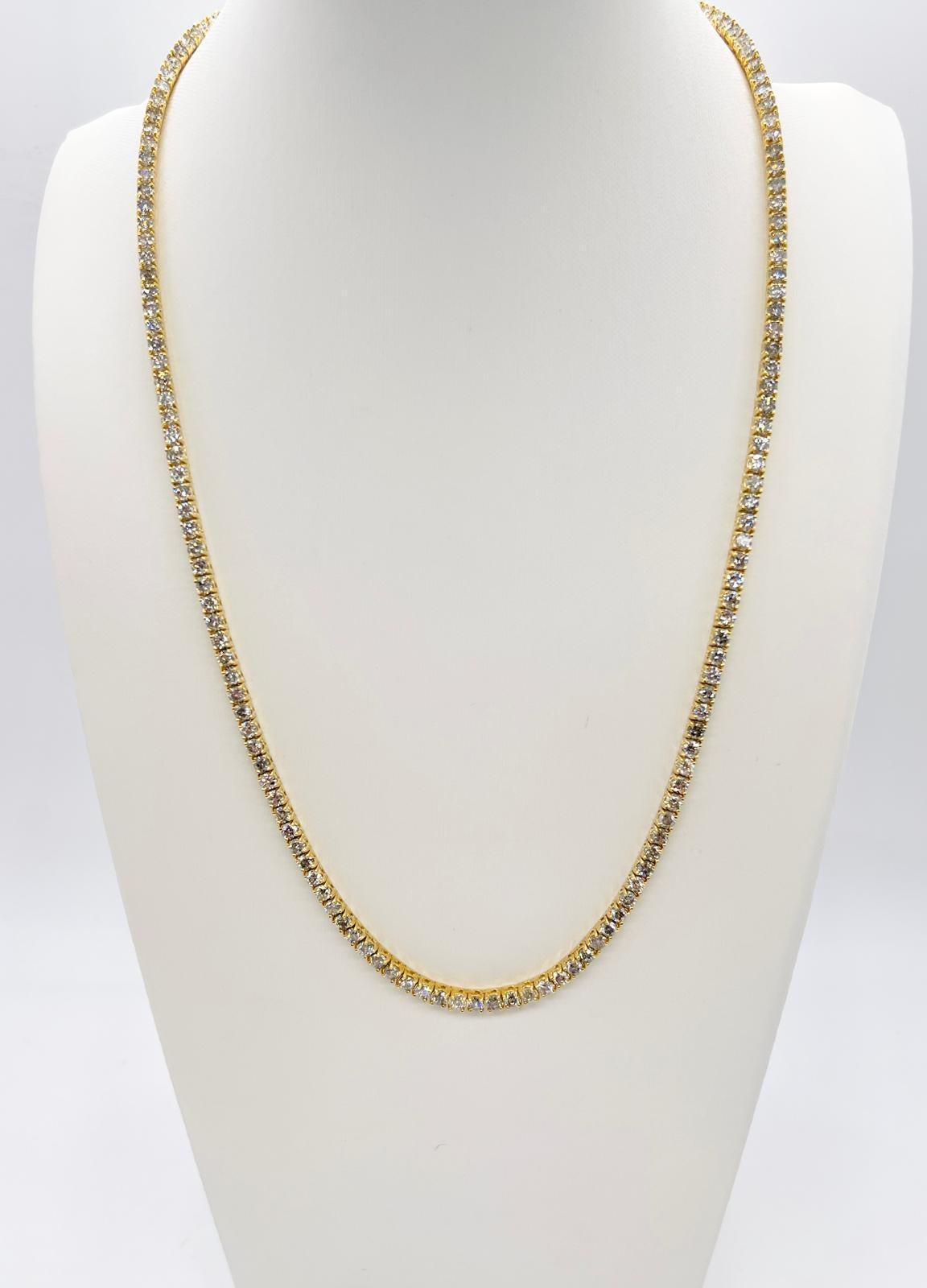 13.77 Carat Natural Diamond Tennis Necklace in 14K Yellow Gold 18