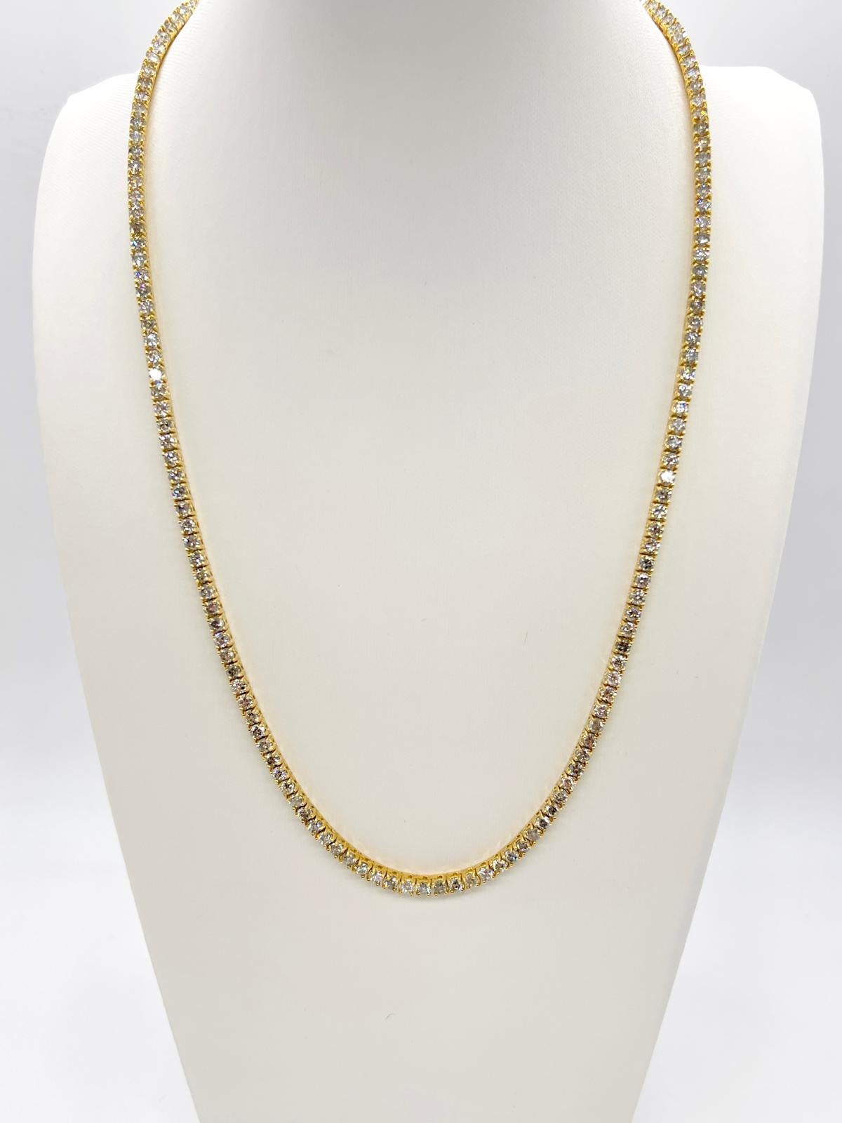 Women's or Men's 13.77 Carat Natural Diamond Tennis Necklace in 14K Yellow Gold 18