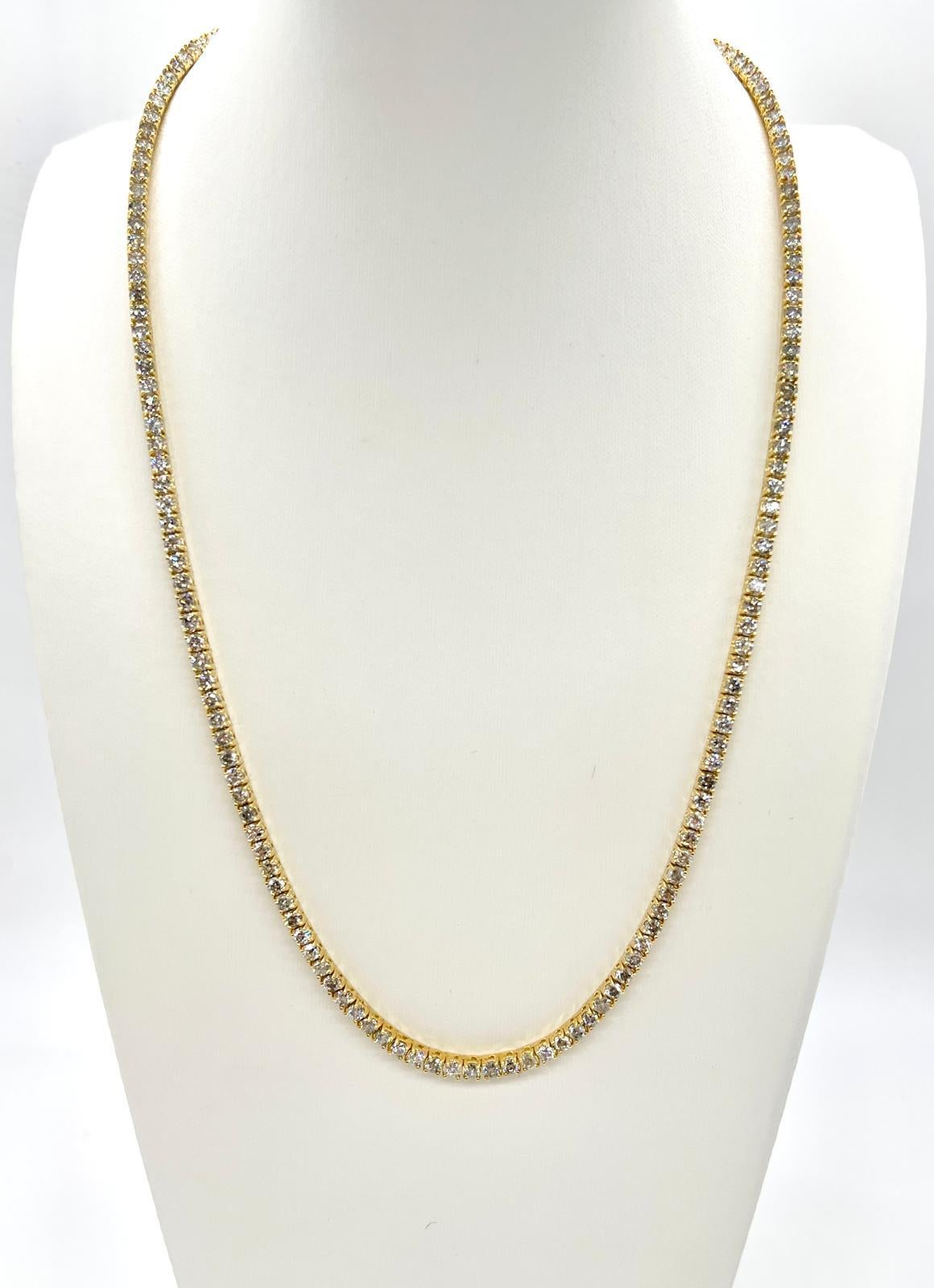 13.77 Carat Natural Diamond Tennis Necklace in 14K Yellow Gold 18