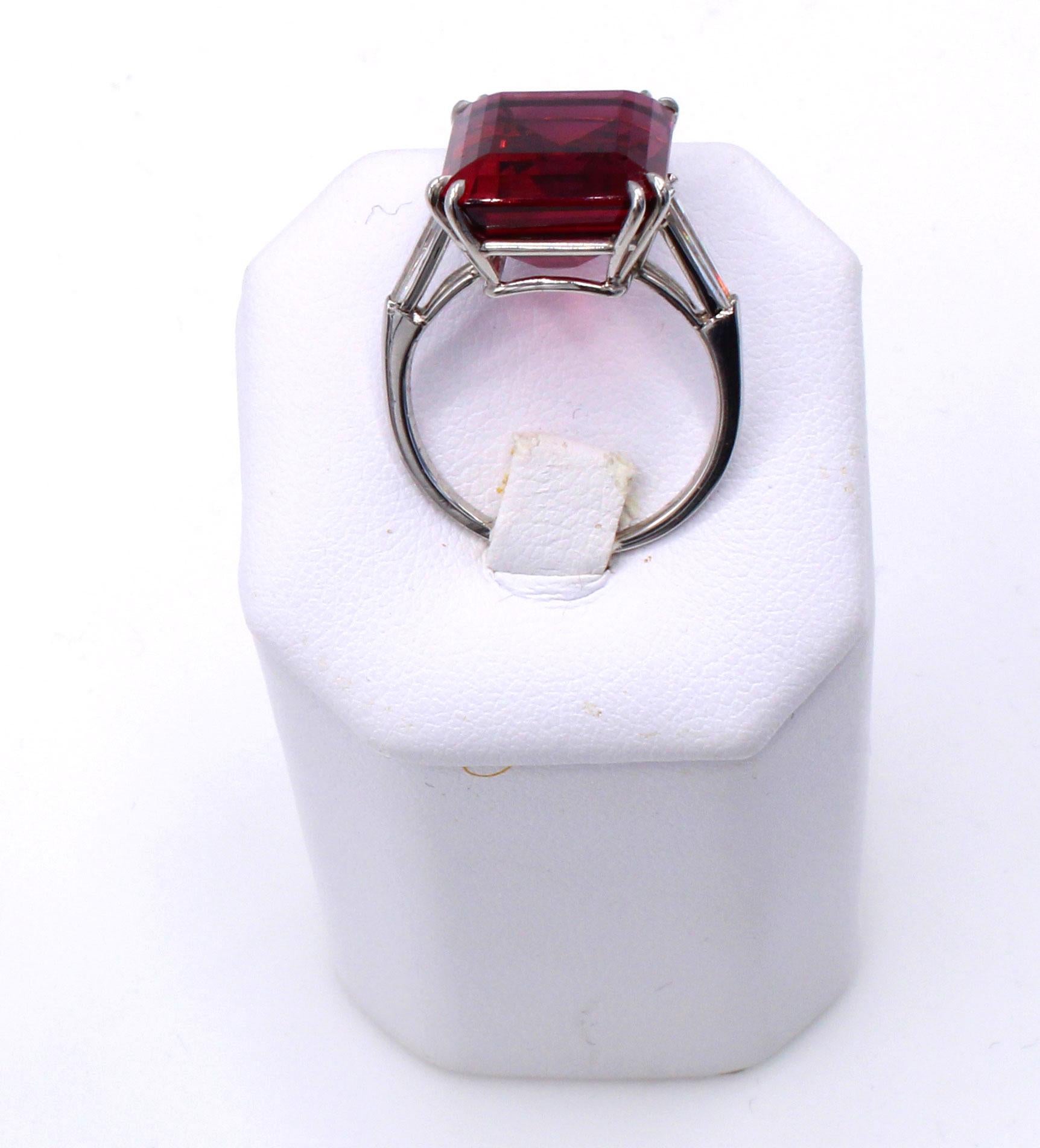 Women's or Men's 13.77 Carat Natural Emerald Cut Rubellite Platinum Diamond Ring