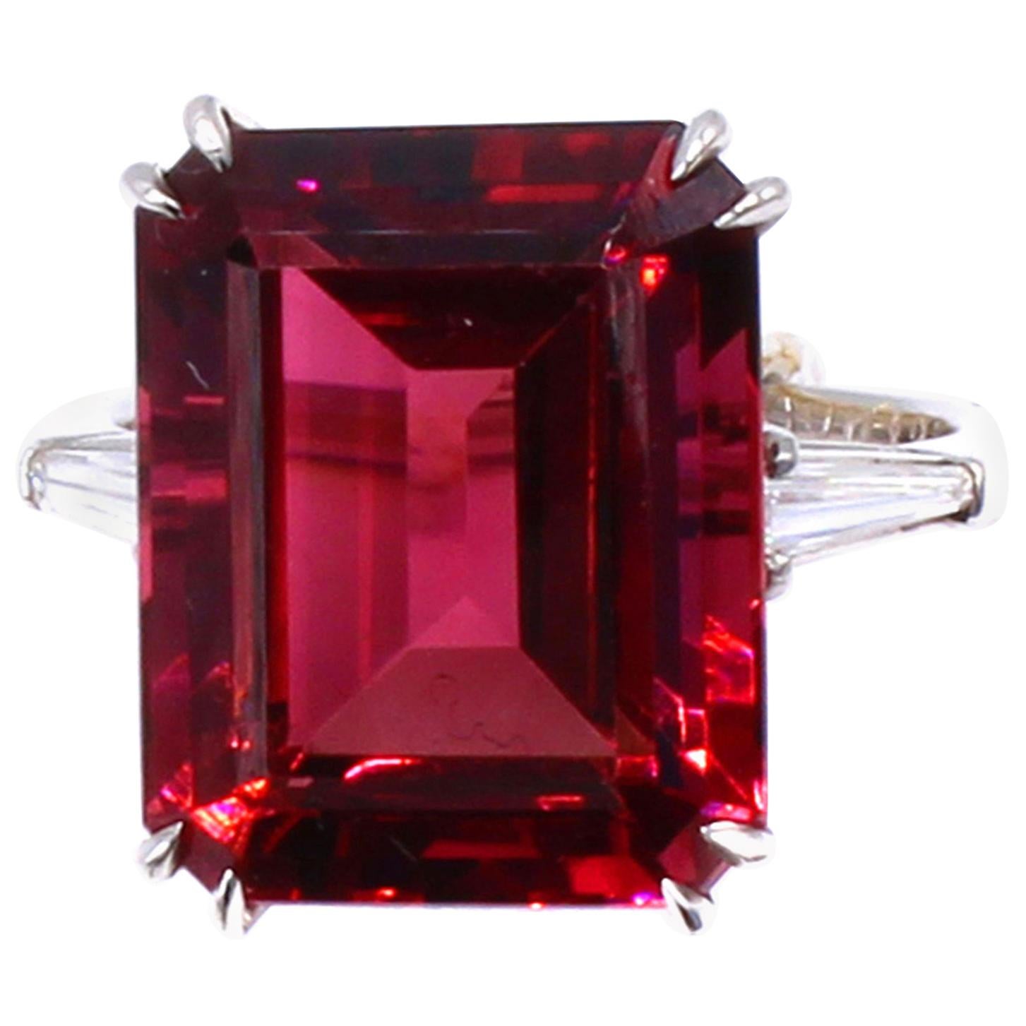 13.77 Carat Natural Emerald Cut Rubellite Platinum Diamond Ring