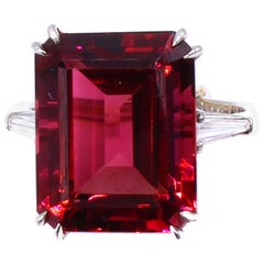 13.77 Carat Natural Emerald Cut Rubellite Platinum Diamond Ring