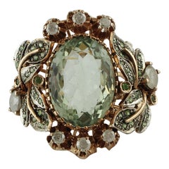 Vintage 13.77 ct Green Amethyst Tsavorites White Diamonds Rose Gold Silver Cocktail Ring