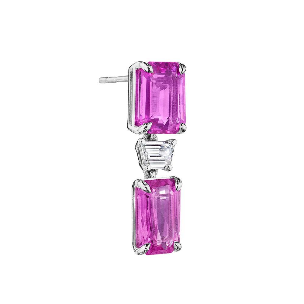 Modern 13.78ct Emerald Cut Pink Sapphire & Trapezoid Diamond Earrings in 18KT Gold For Sale