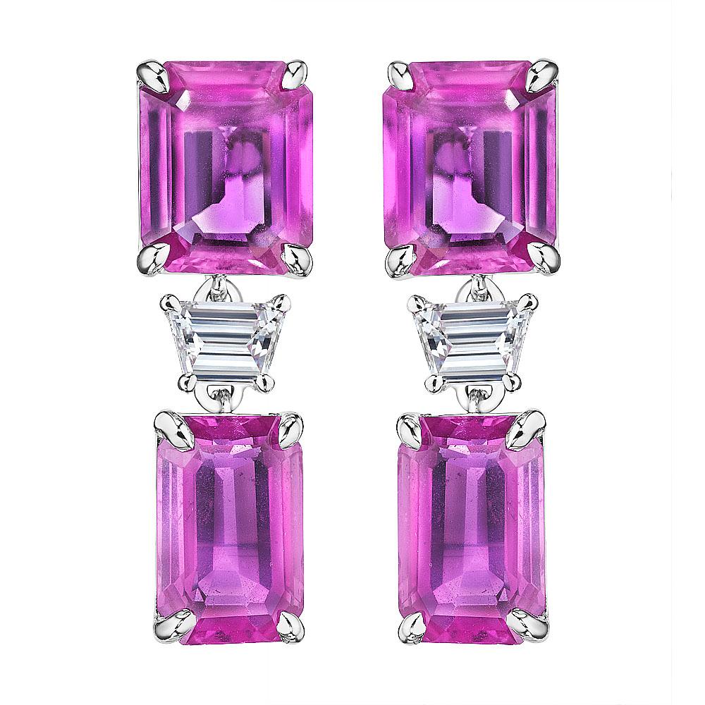 13.78ct Emerald Cut Pink Sapphire & Trapezoid Diamond Earrings in 18KT Gold In New Condition For Sale In New York, NY