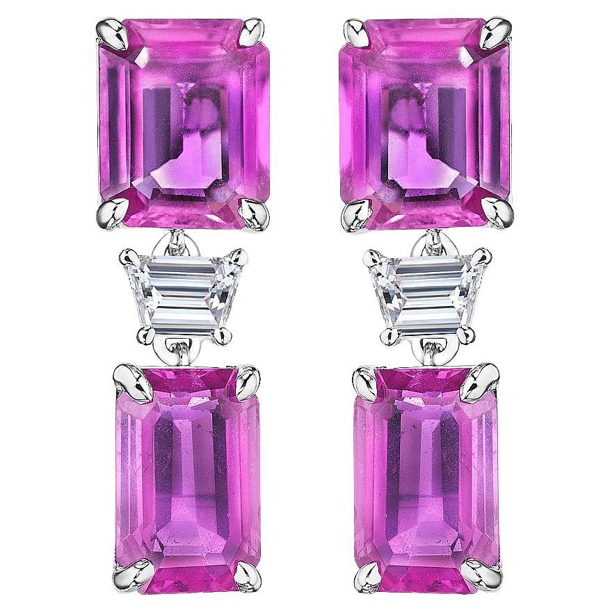 13.78ct Emerald Cut Pink Sapphire & Trapezoid Diamond Earrings in 18KT Gold For Sale