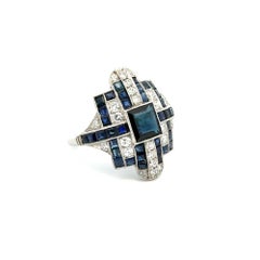 1.37Carat Square Sapphire Diamond and Sapphires Platinum Statement Cocktail Ring