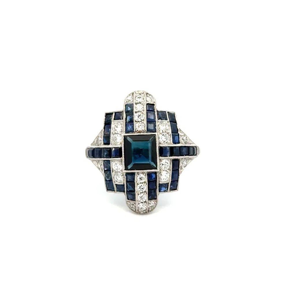 Modernist 1.37Carat Square Sapphire Diamond and Sapphires Platinum Statement Cocktail Ring For Sale