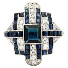 1.37Carat Square Sapphire Diamond and Sapphires Platinum Statement Cocktail Ring