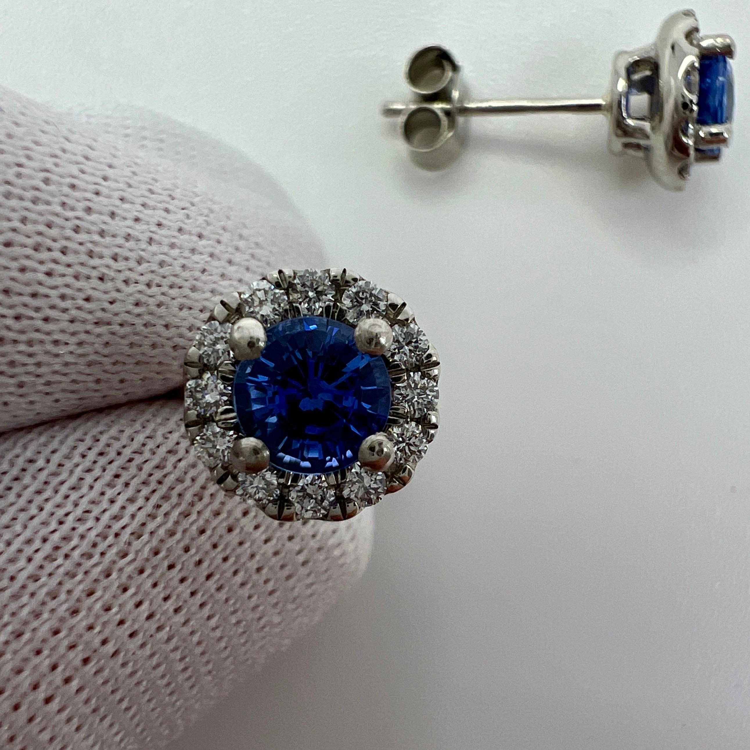 1.37 TCW. Top Grade Ceylon Cornflower Blue Sapphire & Diamond Platinum Earring Halo Studs.

Fine blue 1.07ct 5mm Ceylon sapphires with a vivid cornflower blue colour, excellent clarity and an excellent round brilliant cut. 

Fine quality and perfect