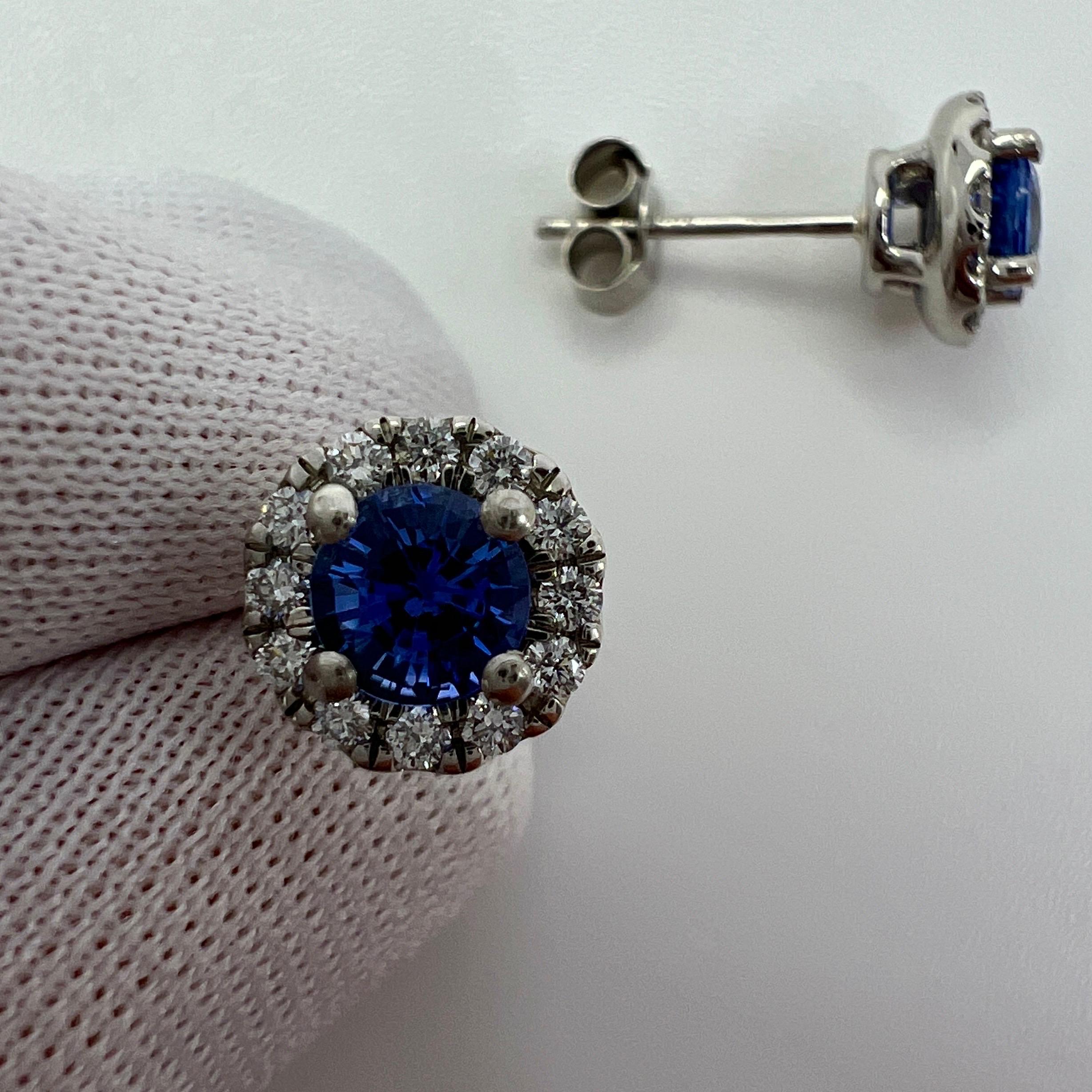 1.37ct Fine Blue Ceylon Sapphire & Diamond Platinum Round Cut Halo Stud Earrings In New Condition For Sale In Birmingham, GB