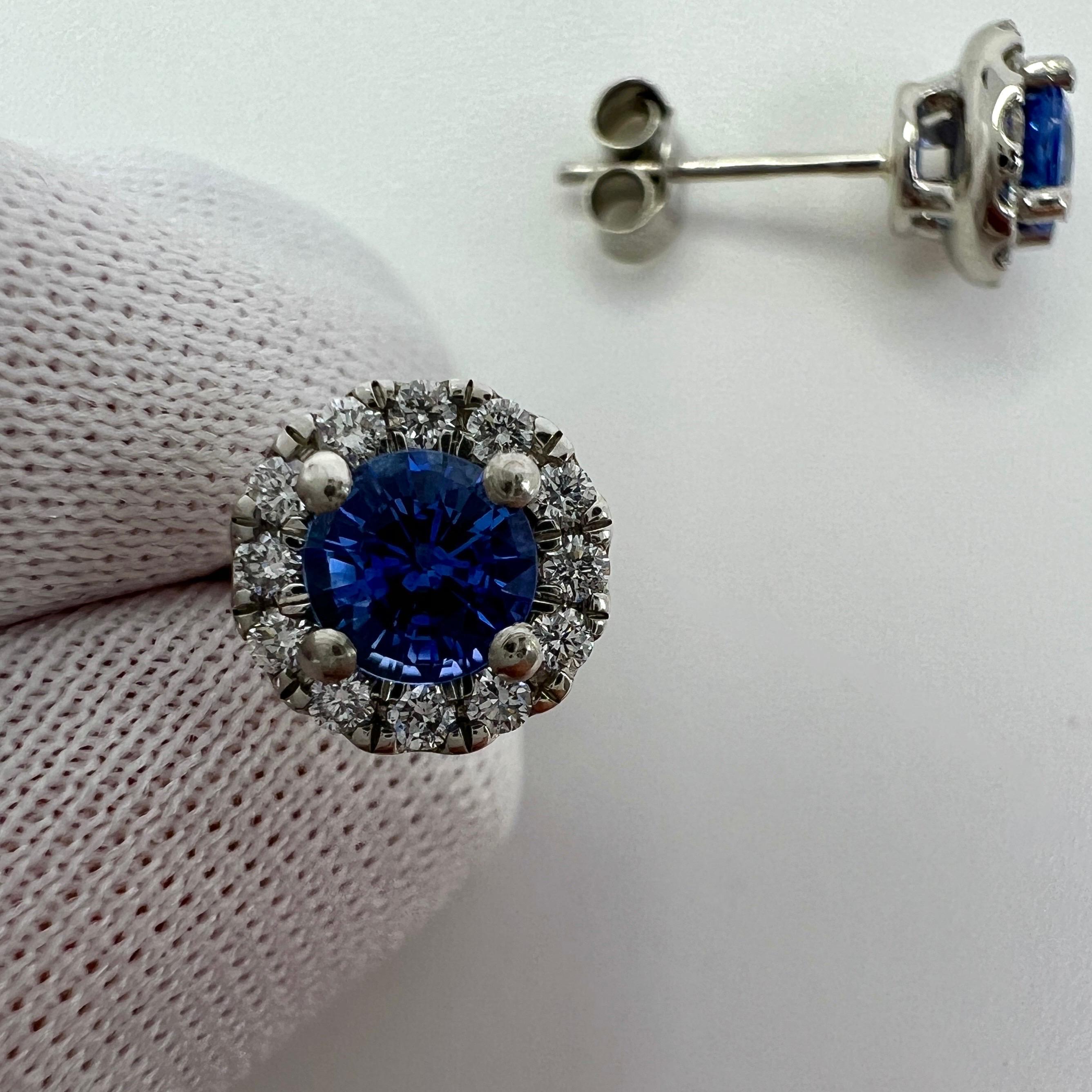 Women's or Men's 1.37ct Fine Blue Ceylon Sapphire & Diamond Platinum Round Cut Halo Stud Earrings For Sale