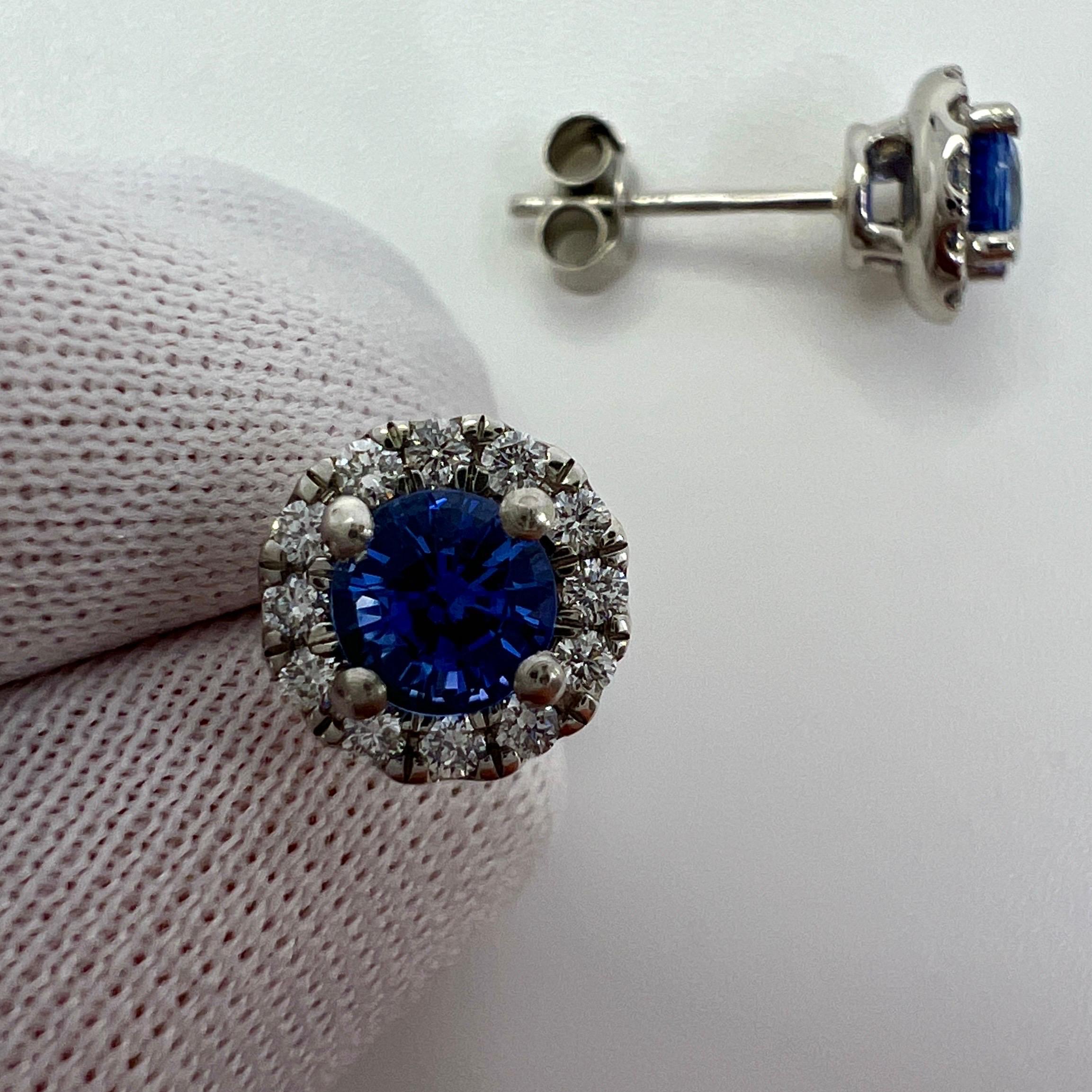 1.37ct Fine Blue Ceylon Sapphire & Diamond Platinum Round Cut Halo Stud Earrings For Sale 1