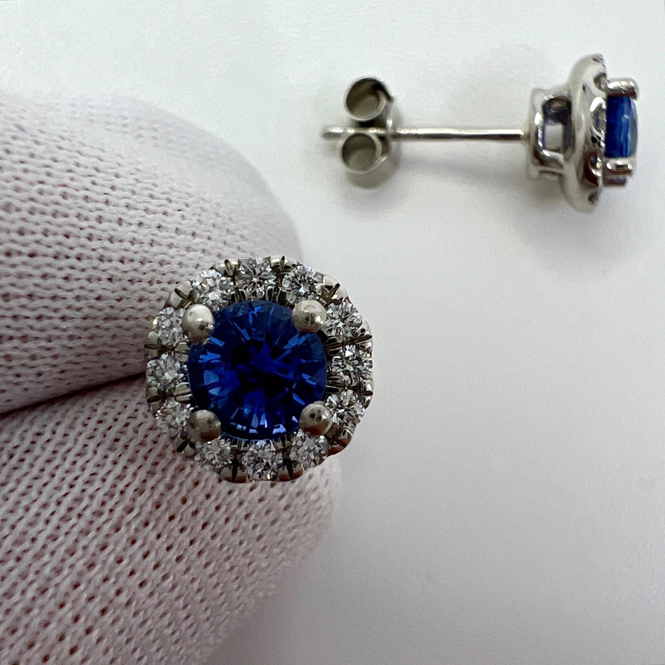 1.37ct Fine Blue Ceylon Sapphire & Diamond Platinum Round Cut Halo Stud Earrings For Sale 2