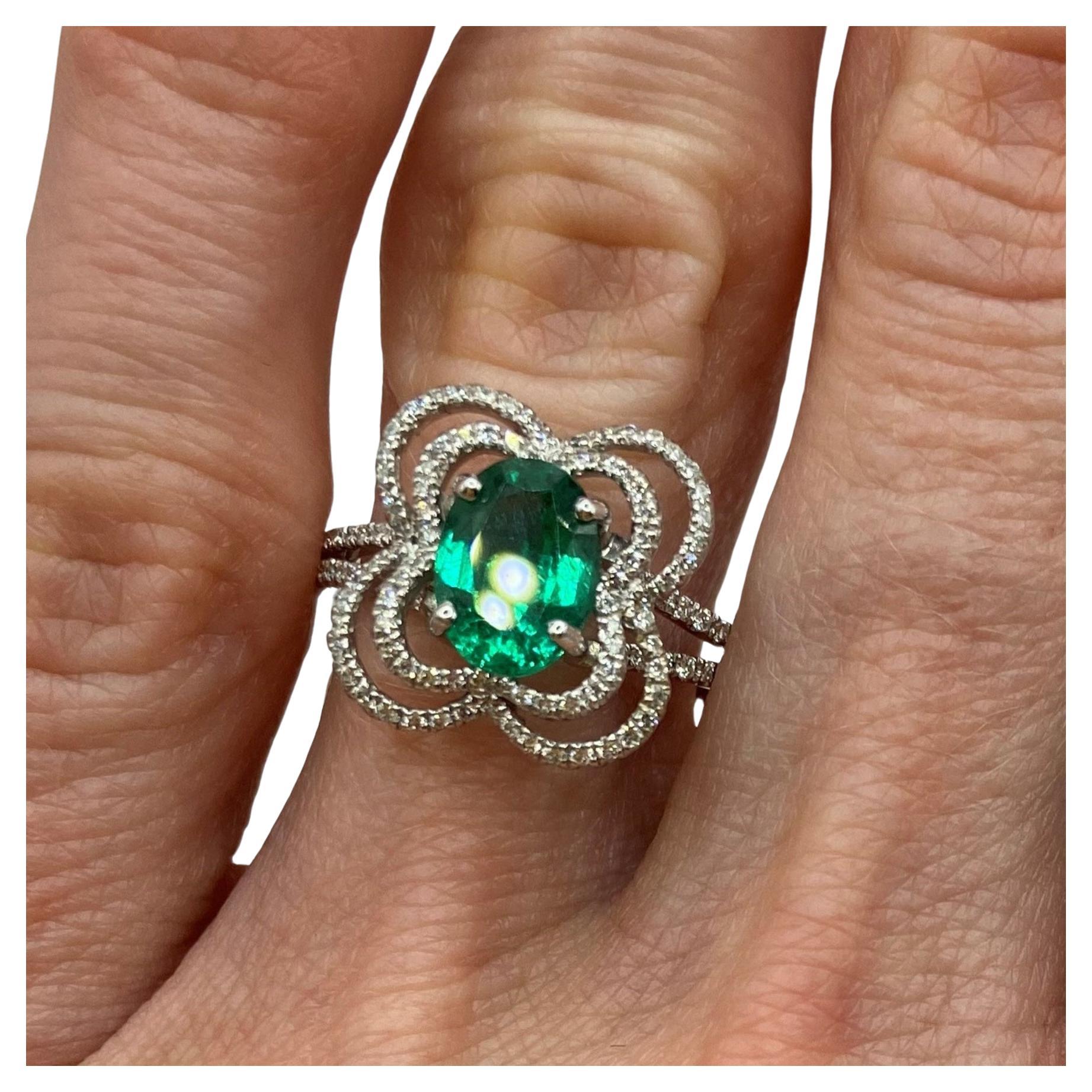 1.37ct Oval Emerald & Round Diamond Ring in 18KT White Gold For Sale