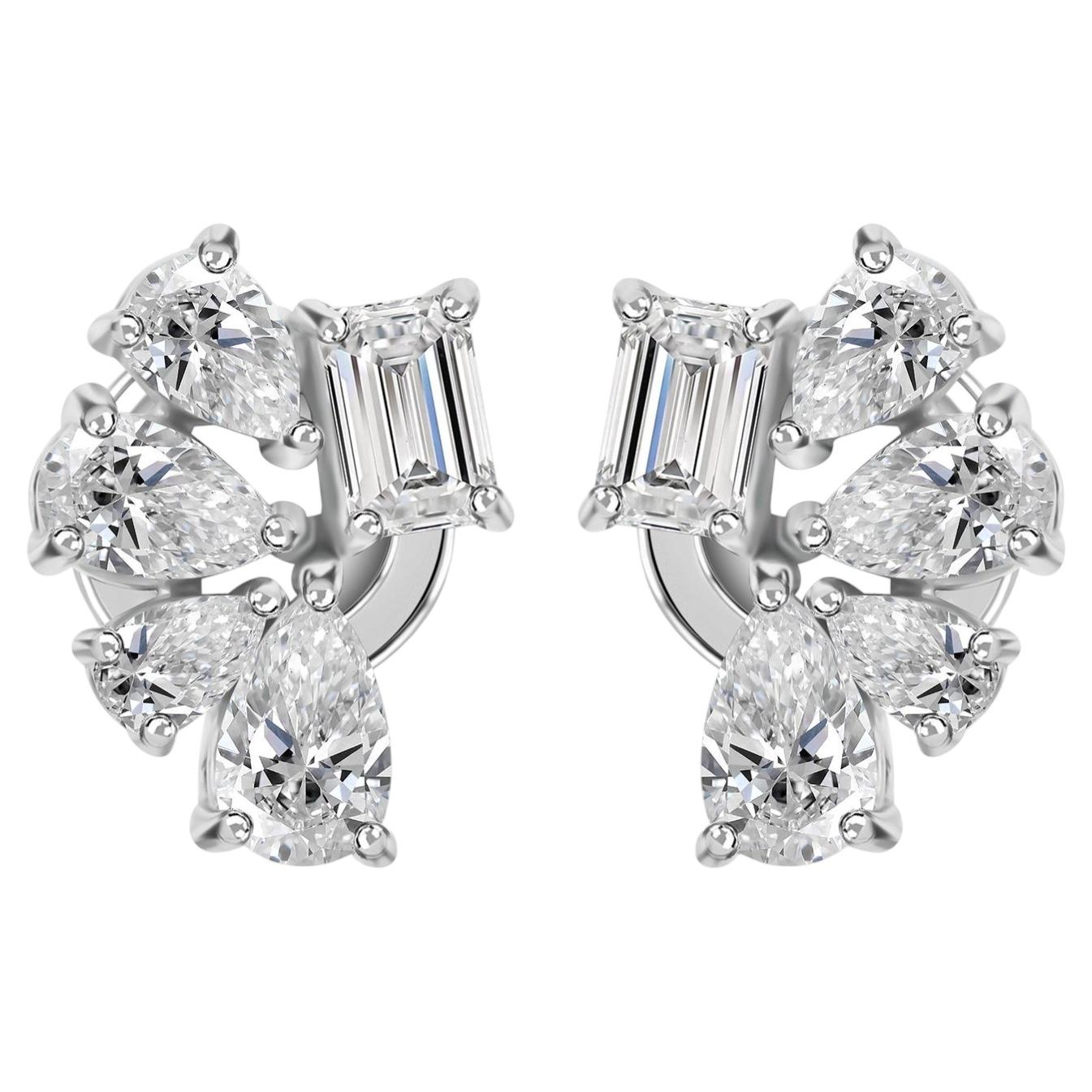 Pendientes de botón con racimo de diamantes de corte pera y esmeralda de 1,37 quilates, en oro blanco de 18 quilates
