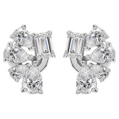 1.37Ct Pear & Emerald Cut Diamond Cluster Stud Earrings 18K White Gold