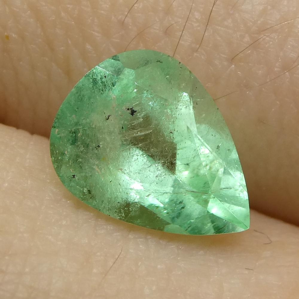 Description:

Gem Type: Emerald 
Number of Stones: 1
Weight: 1.37 cts
Measurements: 8.85 x 6.85 x 4.59 mm
Shape: Pear
Cutting Style Crown: Brilliant Cut
Cutting Style Pavilion: Modified Brilliant Cut 
Transparency: Transparent
Clarity: Slightly