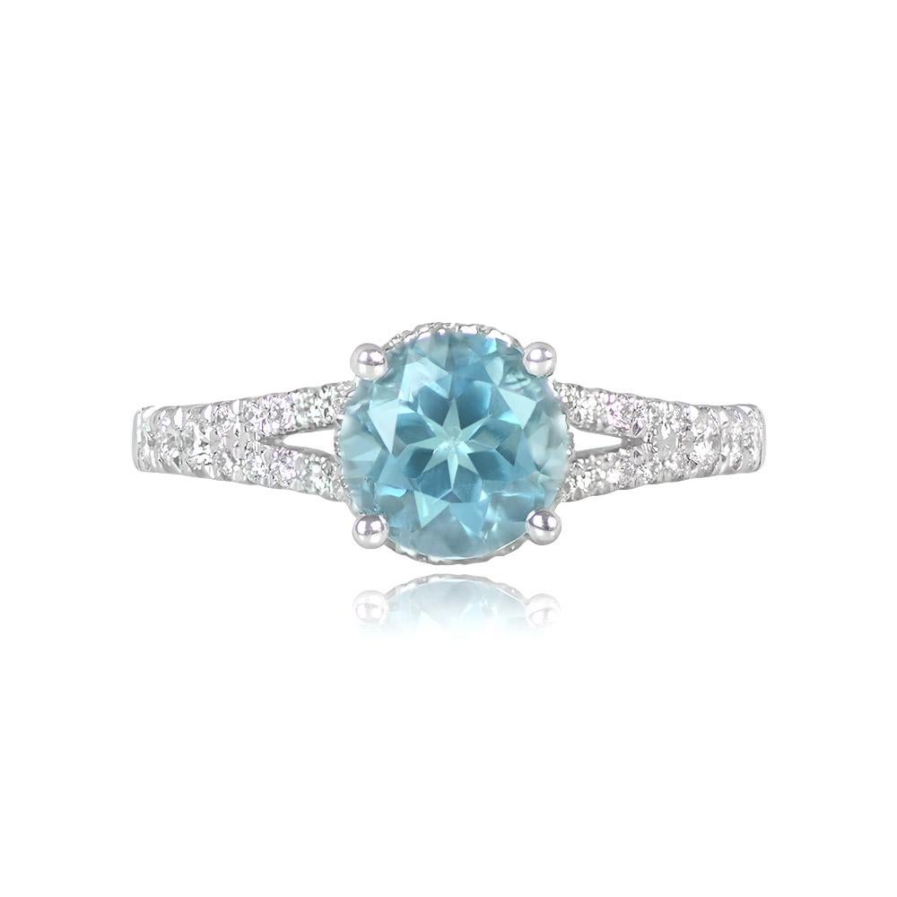 This exquisite ring showcases a 1.37-carat round-cut aquamarine in a prong setting, accentuated by round brilliant-cut diamonds along the shoulders. It's meticulously handcrafted in 18k white gold.


Ring Size: 6.5 US, Resizable 
Metal: Gold, White