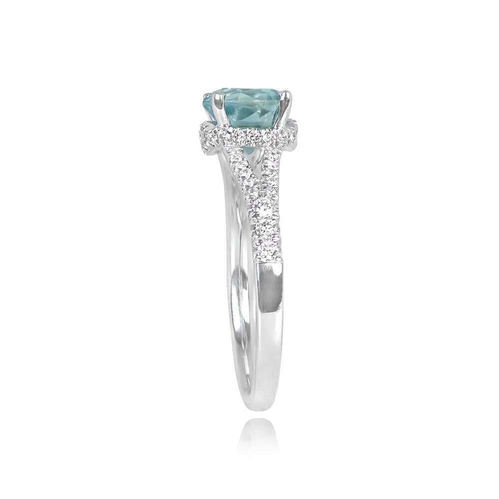 Art Deco 1.37ct Round Cut Aquamarine Engagement Ring, 18k White Gold For Sale