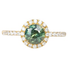 1.37ctw Blue Green Sapphire Diamond Halo and Pave 14K Gold Engagement Ring