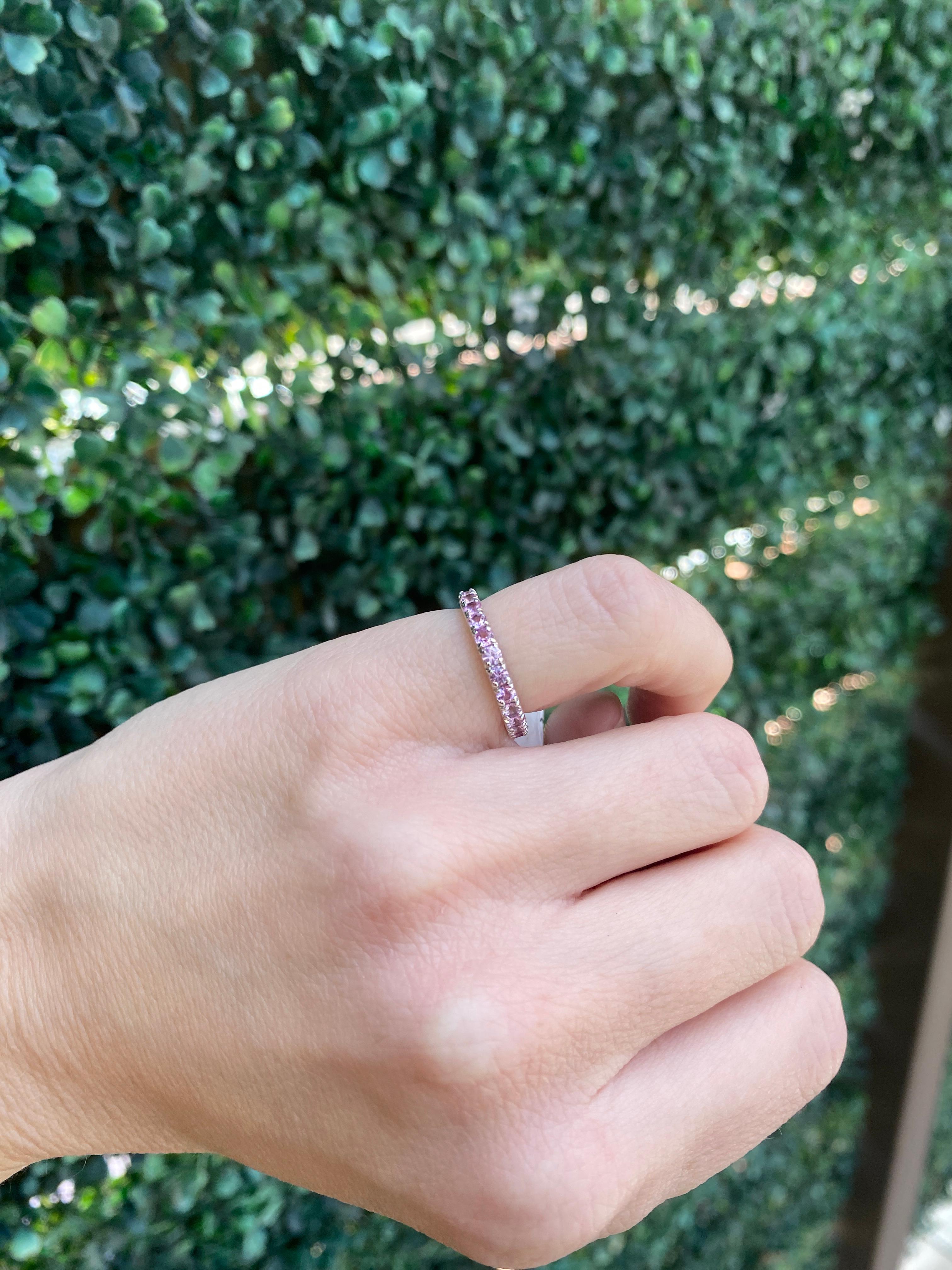 1.37ctw Round Pink Sapphire, 14kt White Gold Eternity Stacking Band For Sale 6