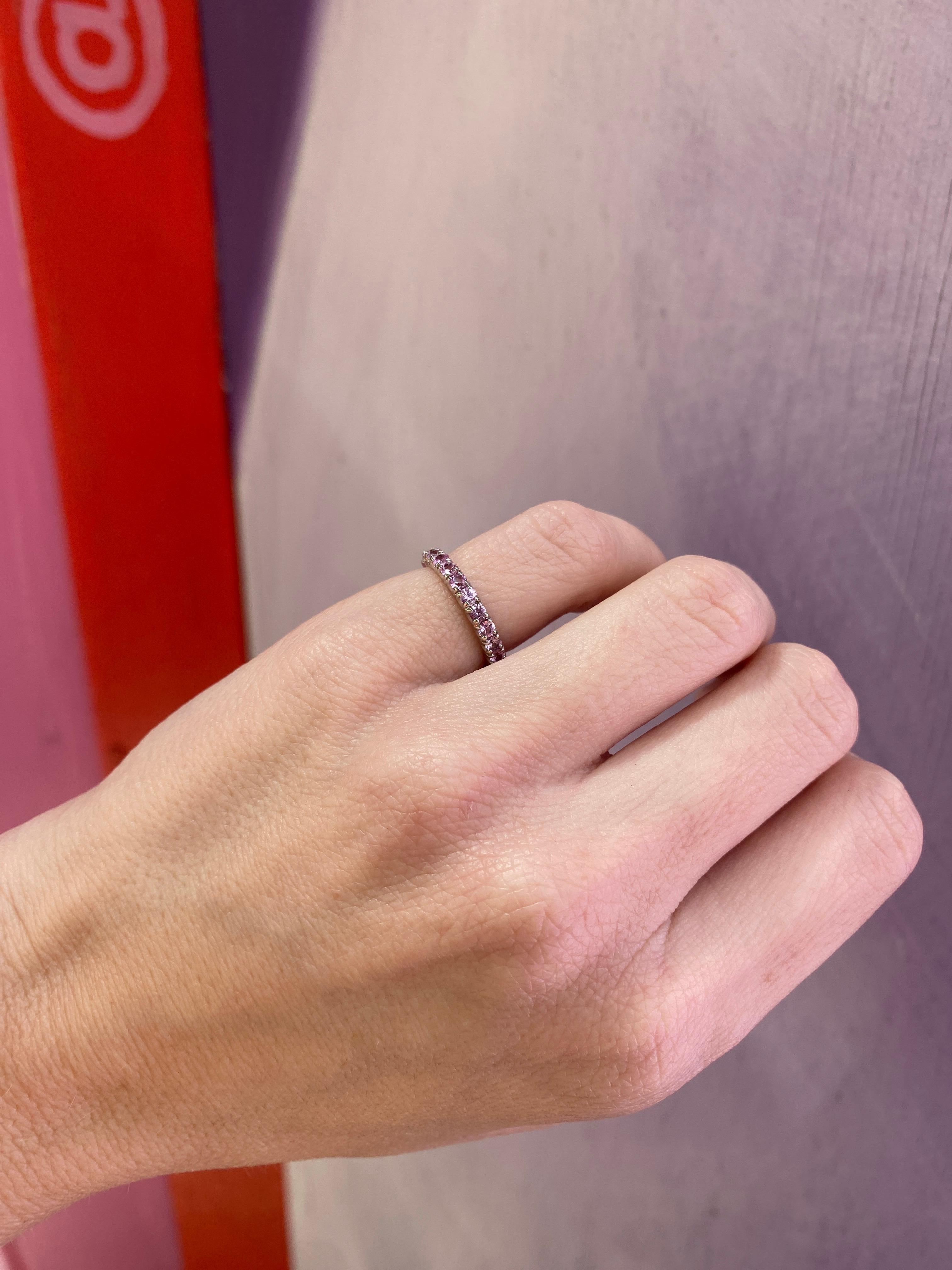 1.37ctw Round Pink Sapphire, 14kt White Gold Eternity Stacking Band For Sale 7