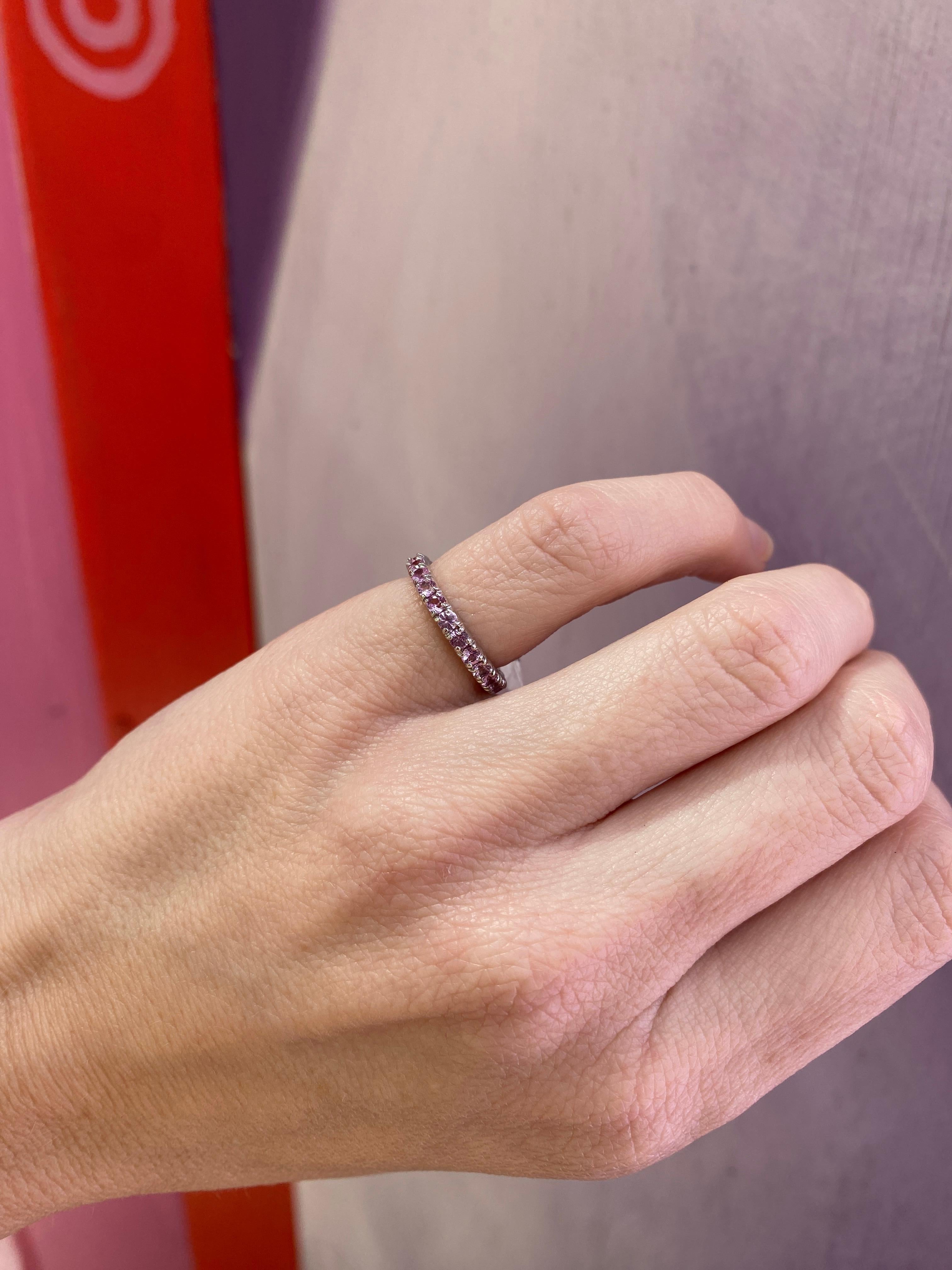 1.37ctw Round Pink Sapphire, 14kt White Gold Eternity Stacking Band For Sale 8