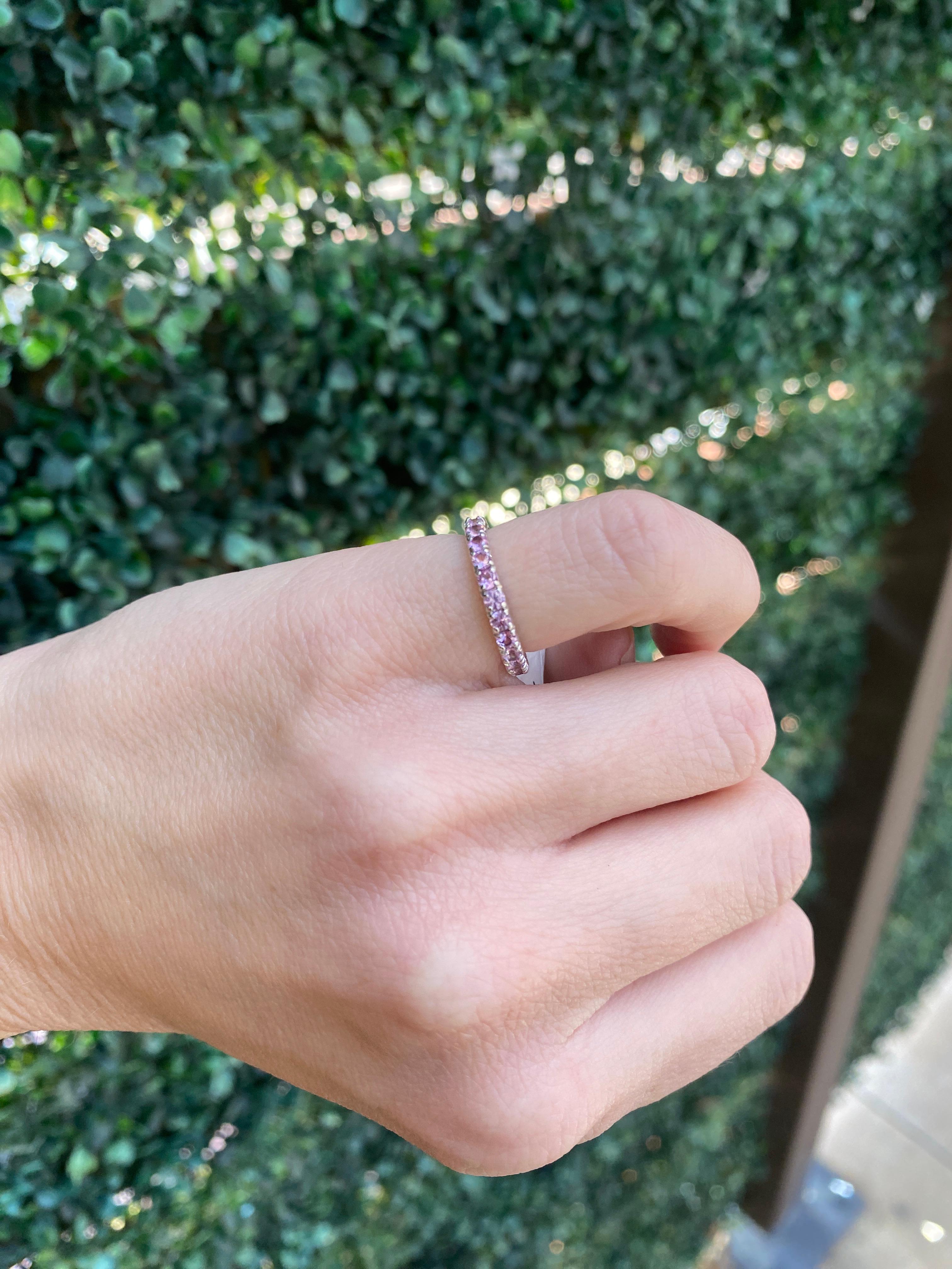 1.37ctw Round Pink Sapphire, 14kt White Gold Eternity Stacking Band For Sale 9