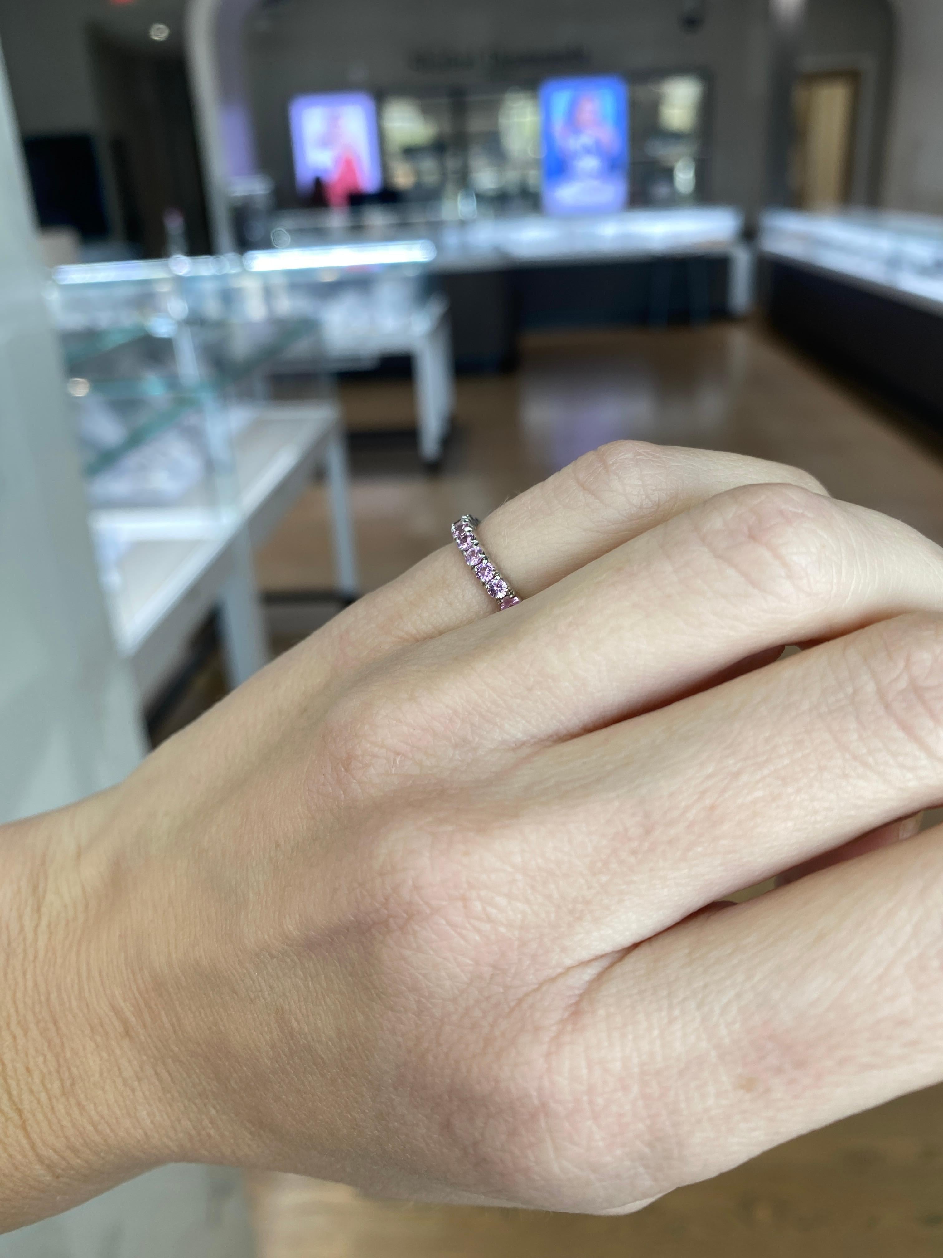 1.37ctw Round Pink Sapphire, 14kt White Gold Eternity Stacking Band For Sale 13