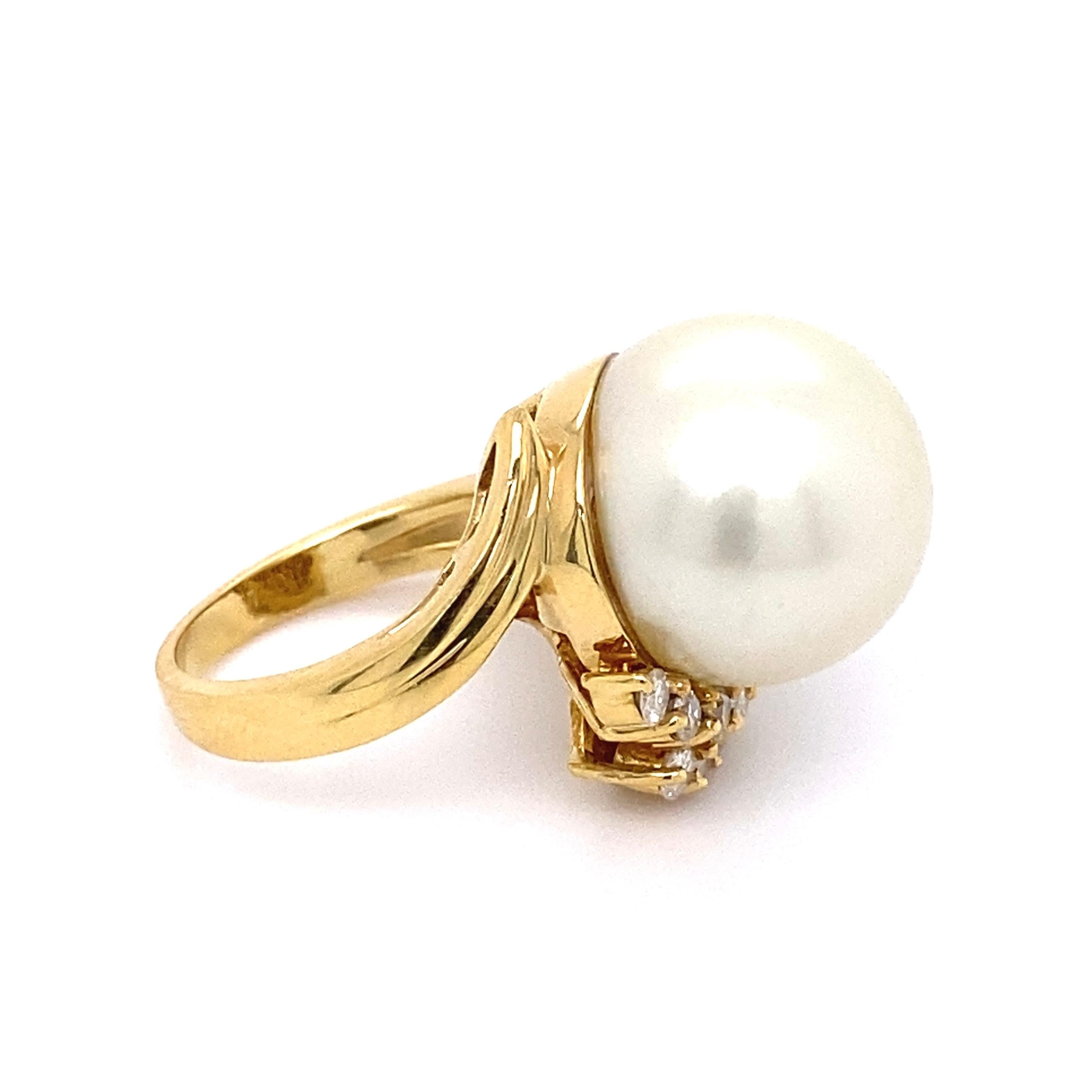 Mixed Cut 13.7mm South Sea Pearl and Diamond Gold Ring For Sale