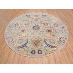 13'7"x13'7" Tan, Sickle Leaf Design Silk With Wool Hand Knotted, Round Rug