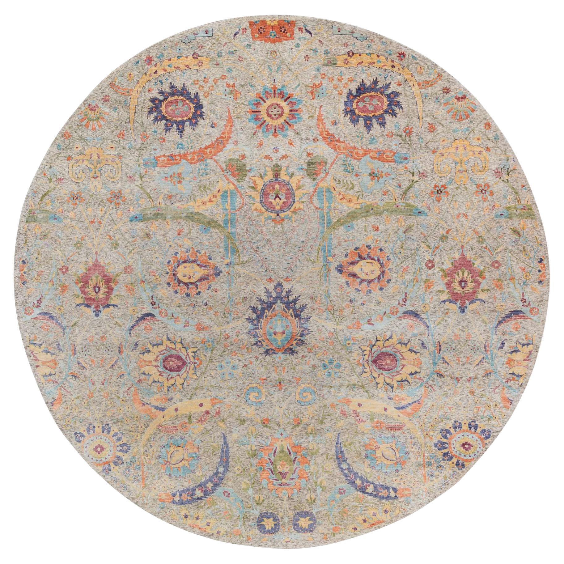 13
7 "x13
7" Tan, Sickle Leaf Design Silk With Wool Hand Knotsted, Round Rug (tapis rond en soie et laine noués à la main)