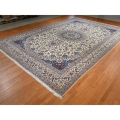 13'7"x20'7" White Mansion Sized Persian Nain Hand Knotted Wool and Silk XL Rug