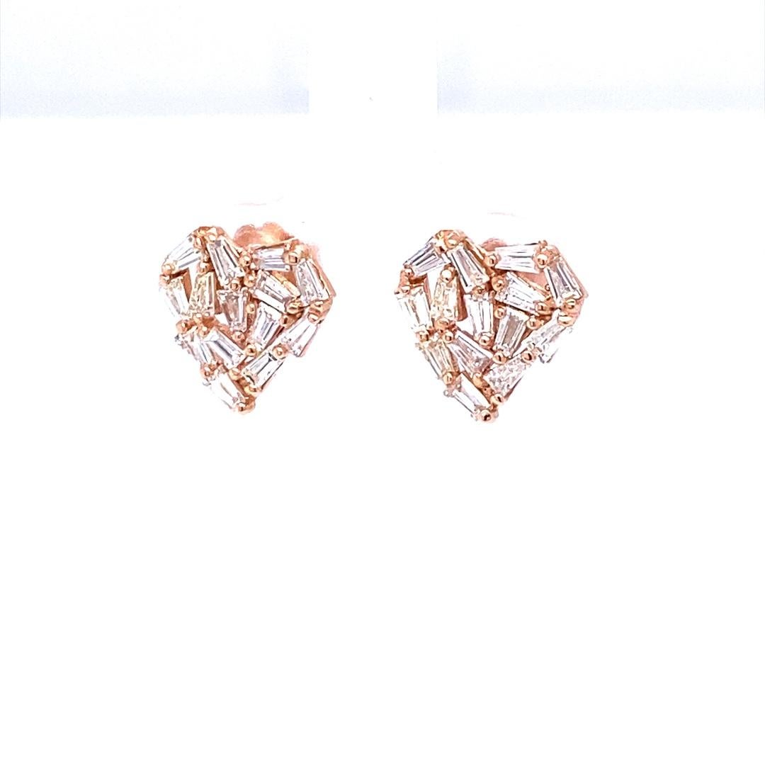 Cute, dainty earrings that make a statement!
1.38 Carat Baguette Cut Diamond 14 Karat Rose Gold Stud Earrings!

The 28 Baguette Cut Diamonds that weigh  1.38 Carats (Clarity: VS, Color: H)  are carefully set to create a Heart Design giving these a