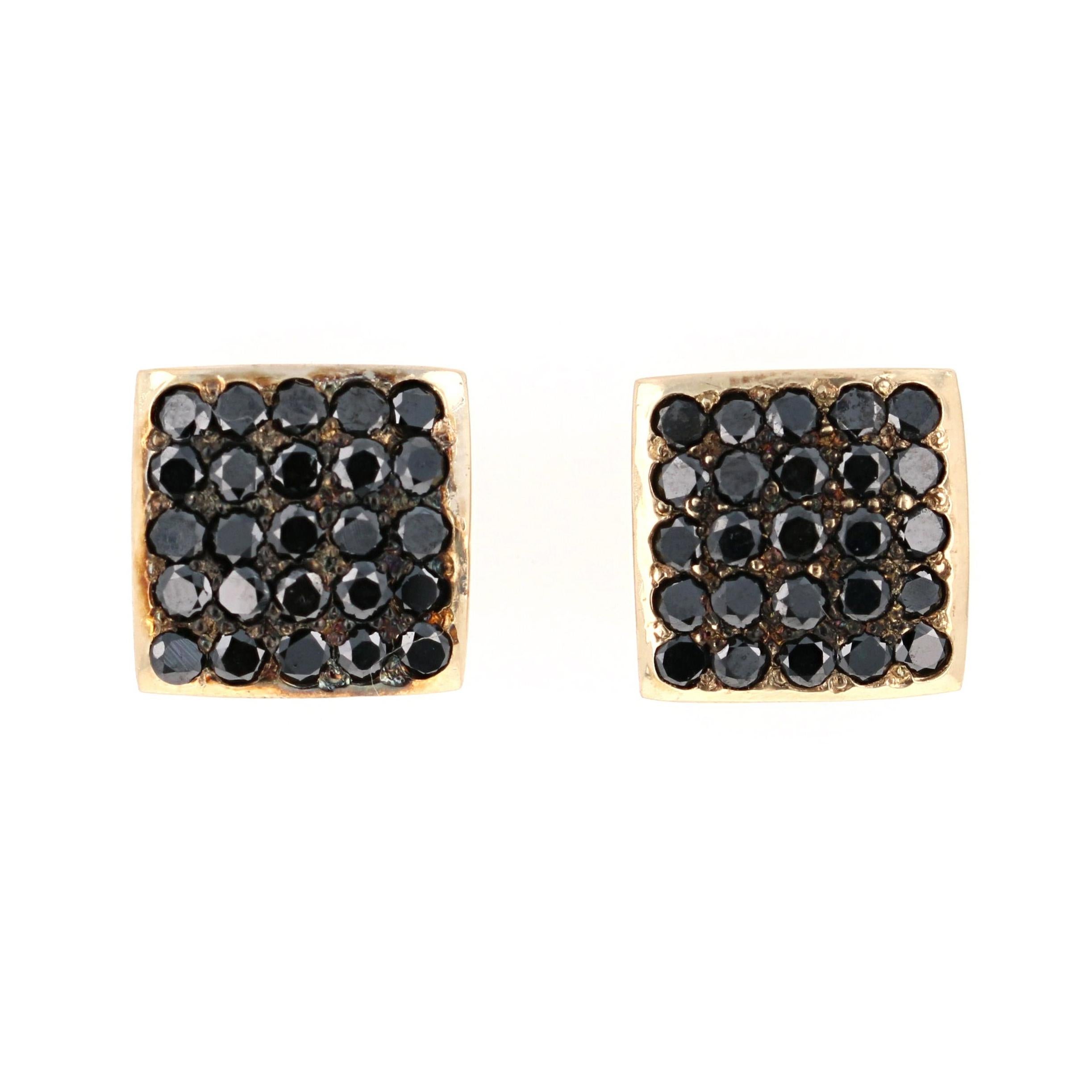 1.38 Carat Black Diamond Stud Earrings 14 Karat Yellow Gold