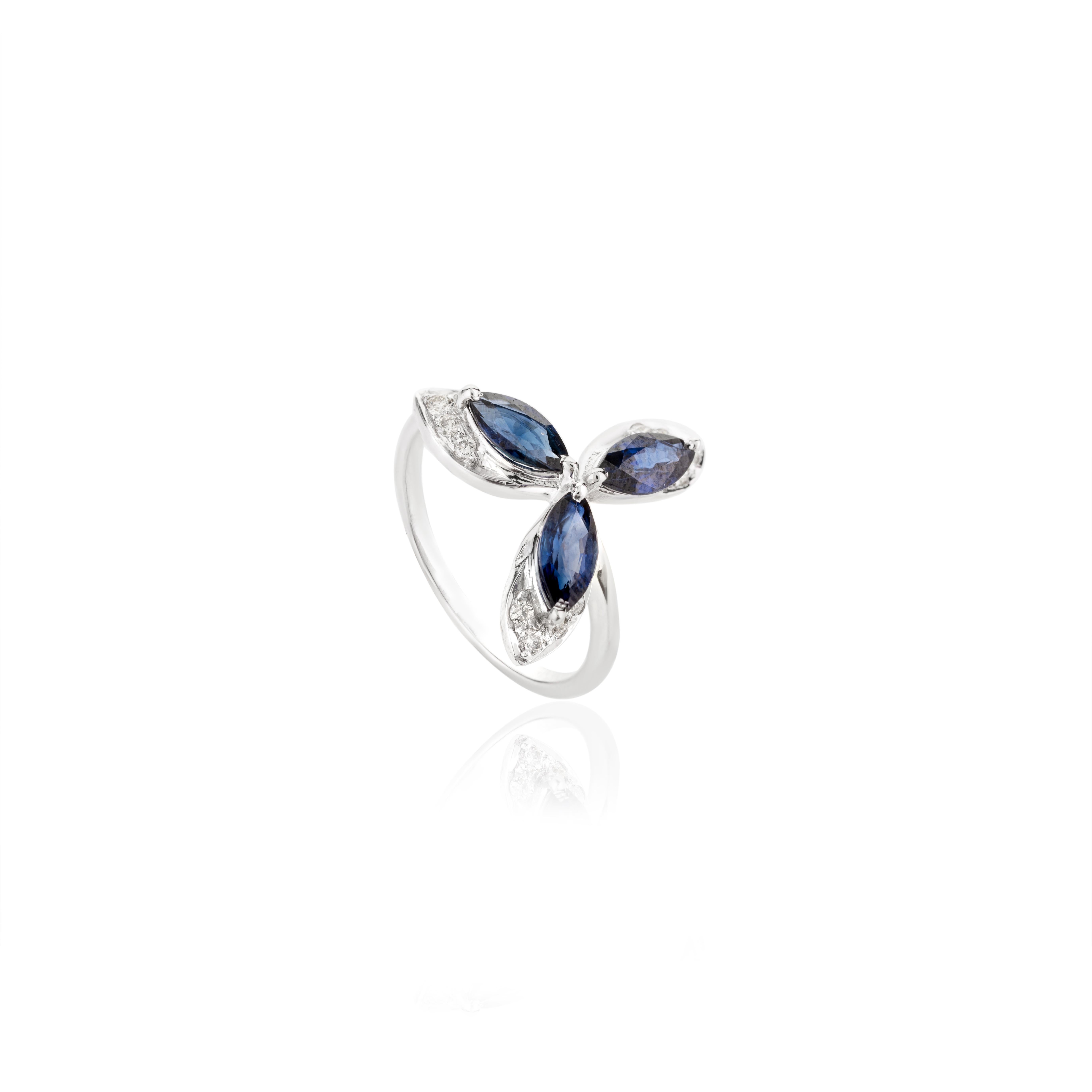For Sale:  Marquise Cut Blue Sapphire and Diamond Flower Ring in 14k Solid White Gold 4