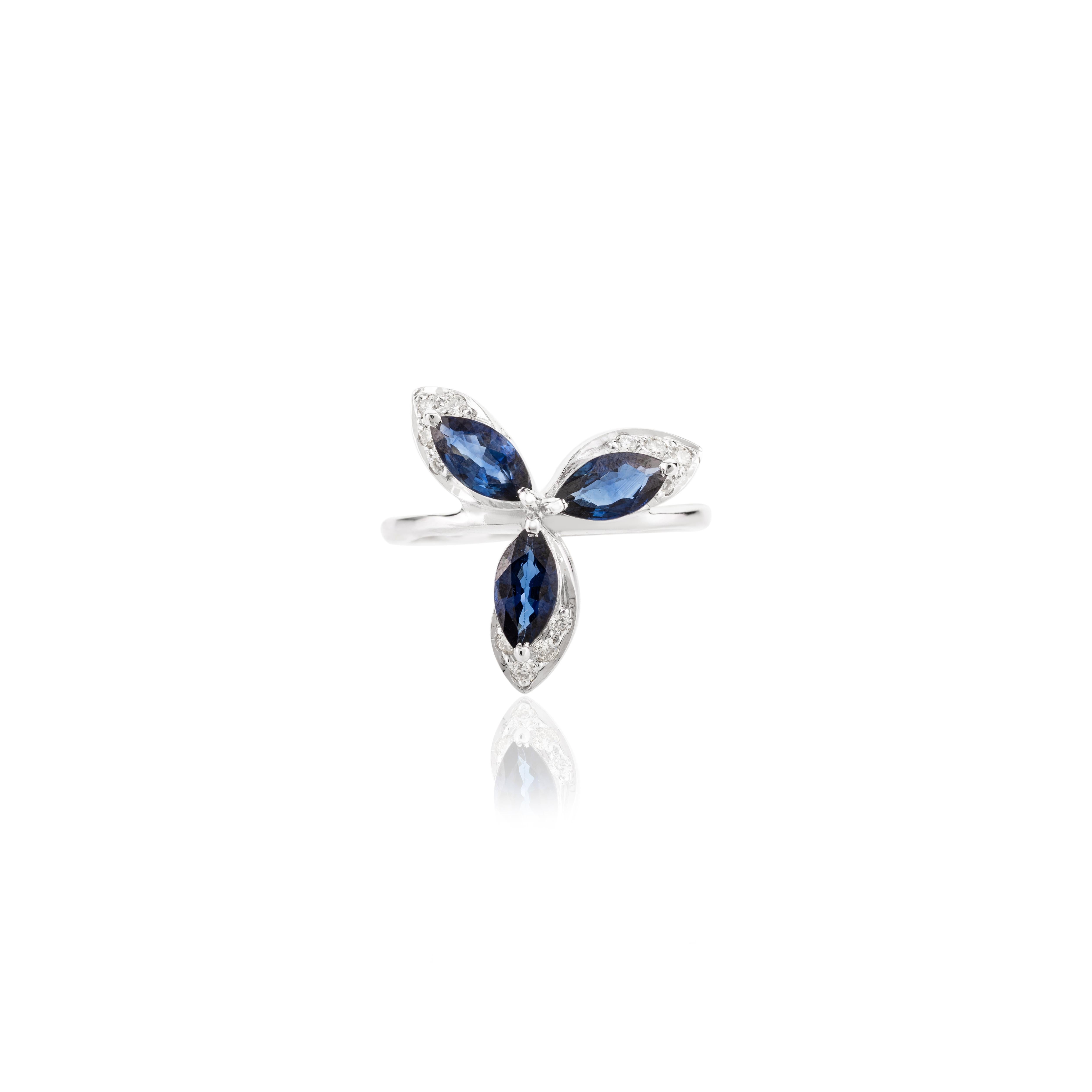 For Sale:  Marquise Cut Blue Sapphire and Diamond Flower Ring in 14k Solid White Gold 7