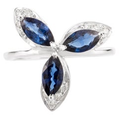 Bague fleur en or blanc massif 14k, saphir bleu taillé en marquise et diamant