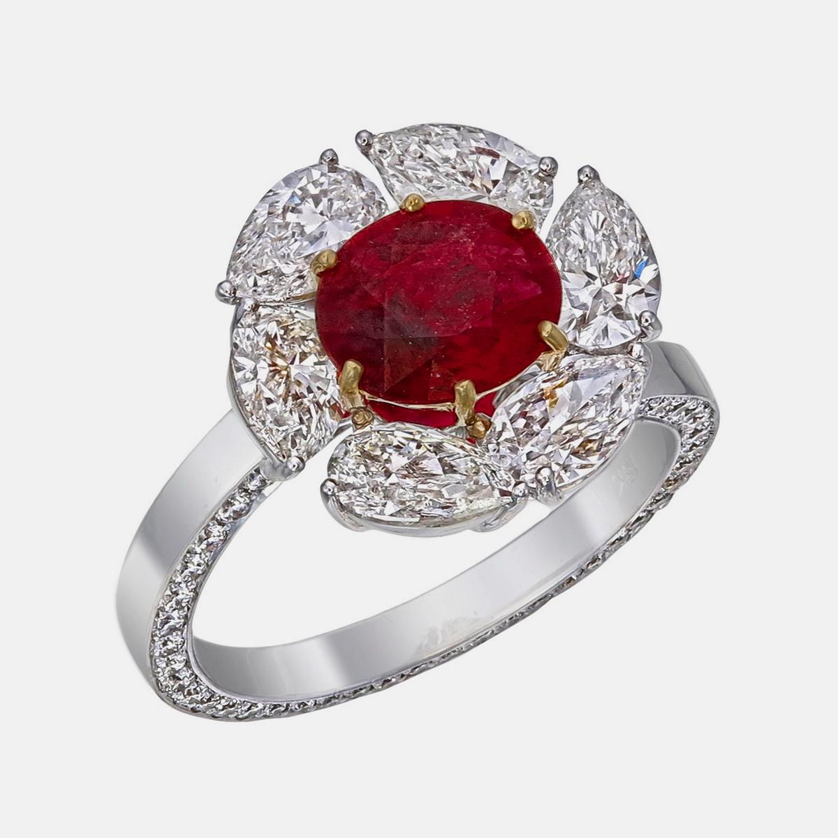 1,38 Karat Burma No Heat Rubin und Diamant Ring in 18 Karat Weißgold (Rundschliff) im Angebot