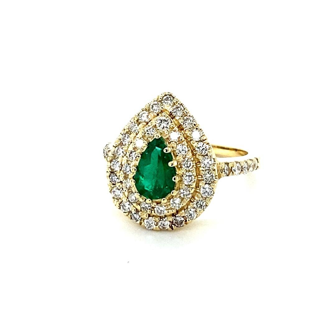 1.38 Carat Colombian Emerald Double Halo Diamond Yellow Gold Ring In New Condition For Sale In Los Angeles, CA