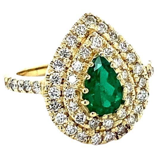 1.38 Carat Colombian Emerald Double Halo Diamond Yellow Gold Ring