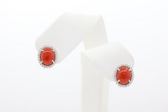 1.38 Carat Coral and Diamond Halo Stud Earrings in 18K White Gold