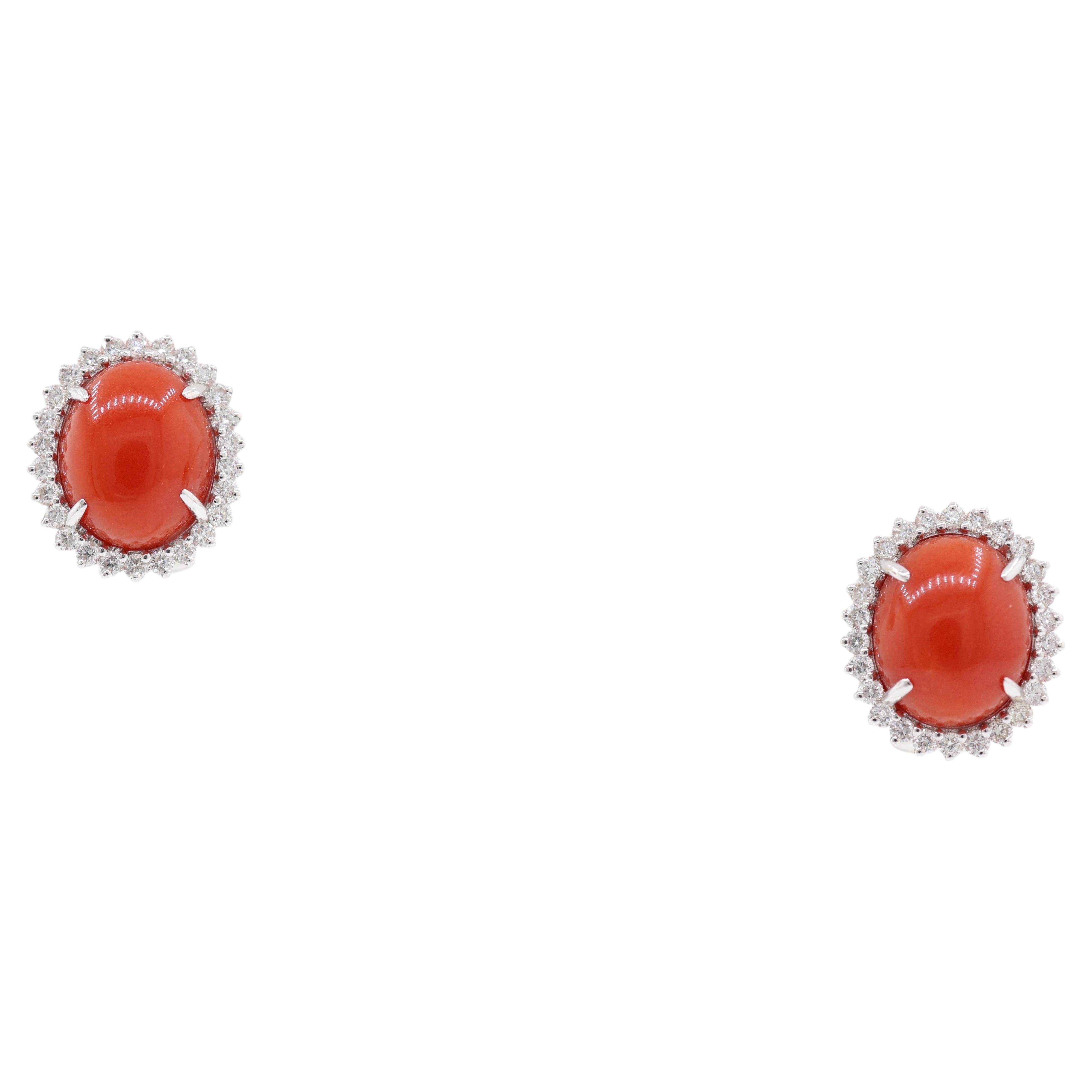 1.38 Carat Coral and Diamond Halo Stud Earrings in 18K White Gold For Sale