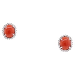 1.38 Carat Coral and Diamond Halo Stud Earrings in 18K White Gold