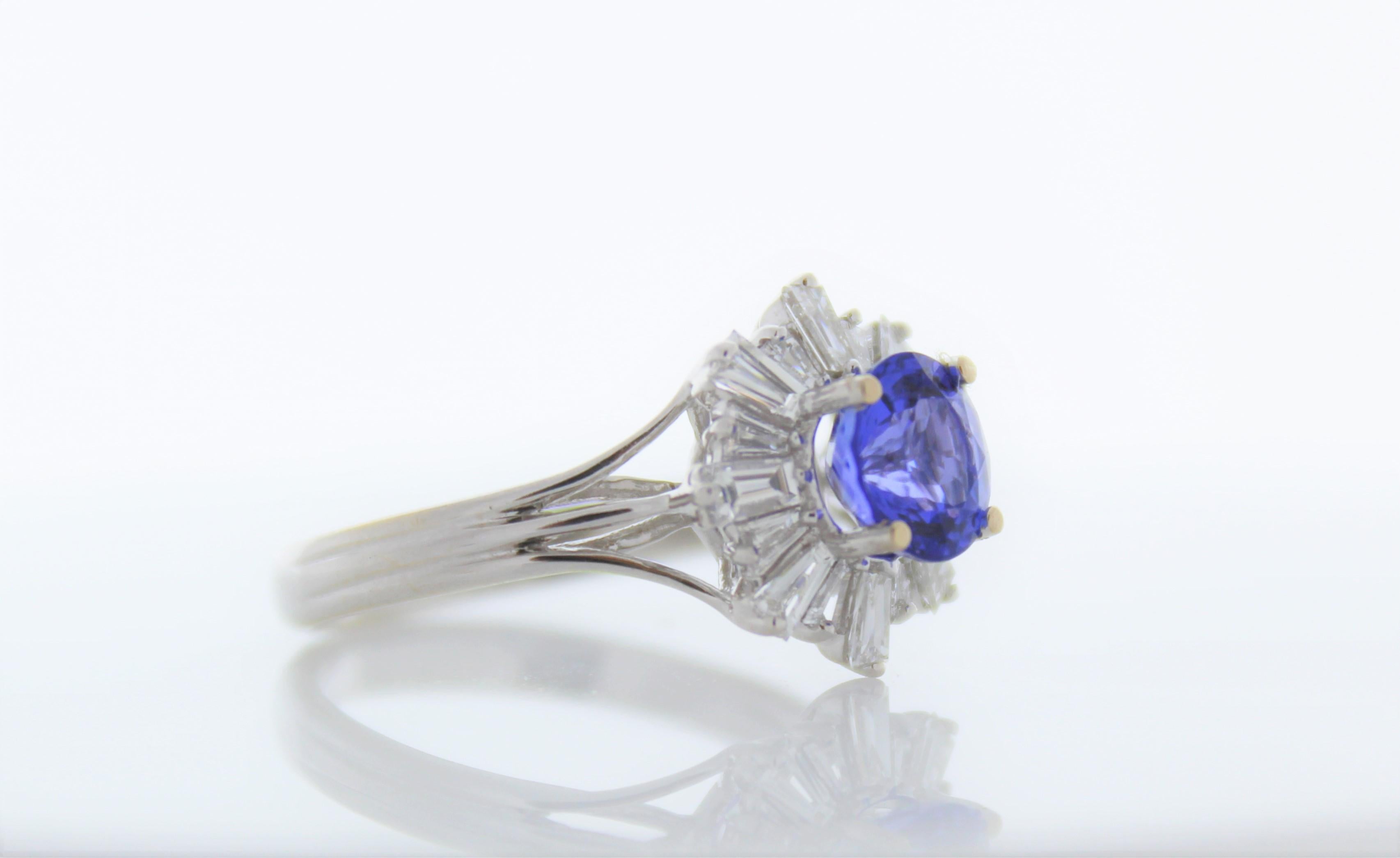 Contemporary 1.38 Carat Cushion Cut Tanzanite and Diamond Ring in Platinum For Sale