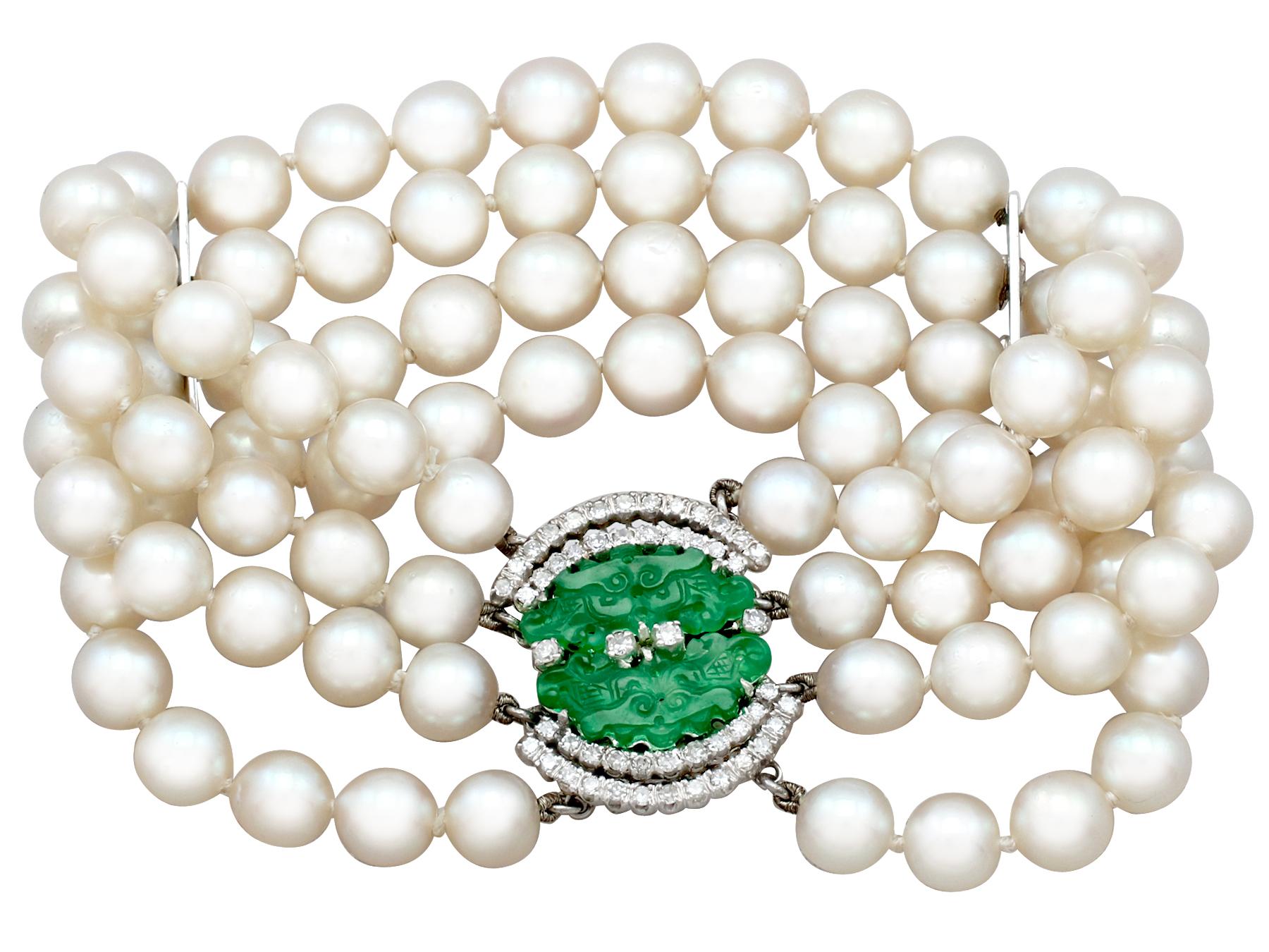 A stunning vintage 1.38 carat diamond and jadeite, cultured pearl and 18 karat white gold bracelet; part of our diverse pearl jewelry collections.

This fine and impressive vintage multi-strand pearl bracelet has been crafted in 18k white gold.

The